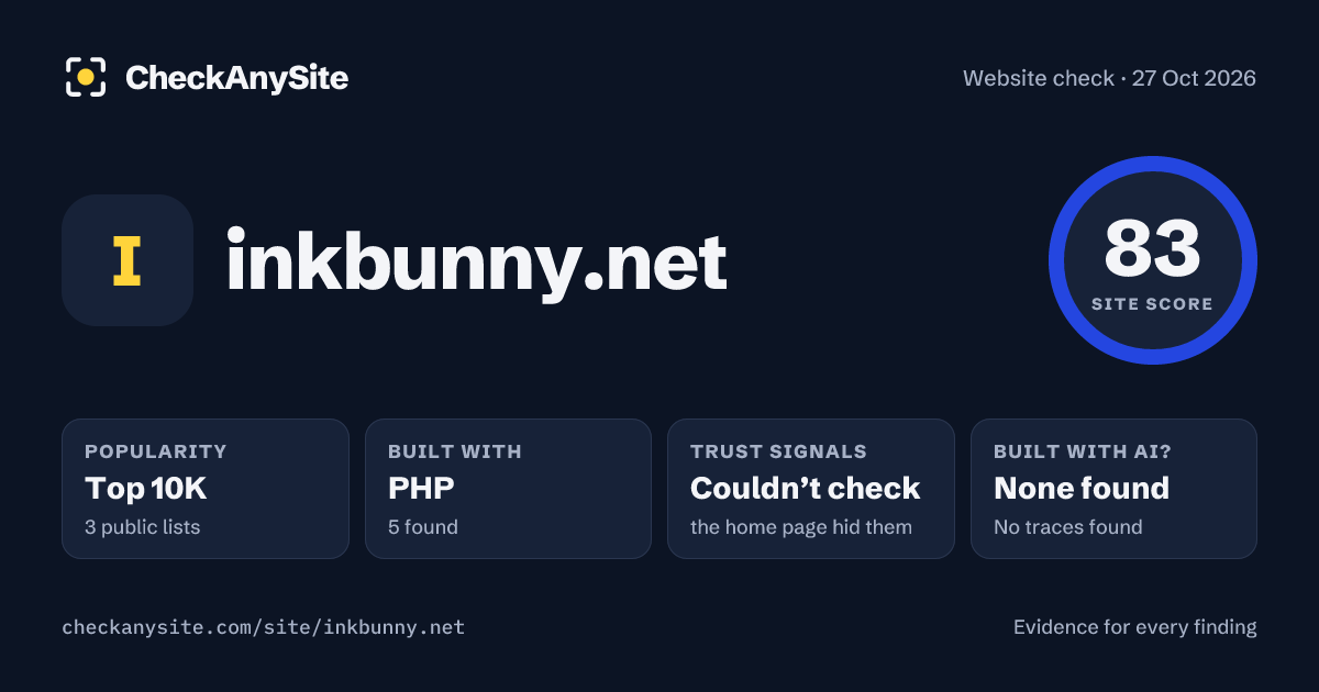 inkbunny.net on CheckAnySite: AI traces none found, popularity Top 10K, site score 83 of 100.