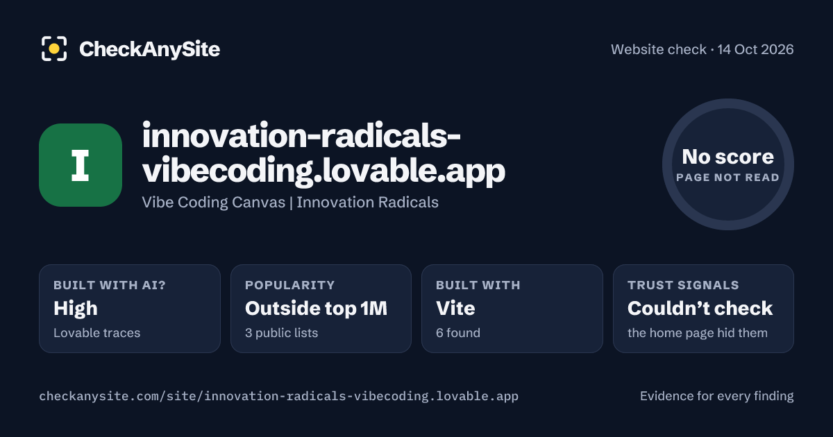 innovation-radicals-vibecoding.lovable.app on CheckAnySite: AI traces high, popularity Outside top 1M, no score.