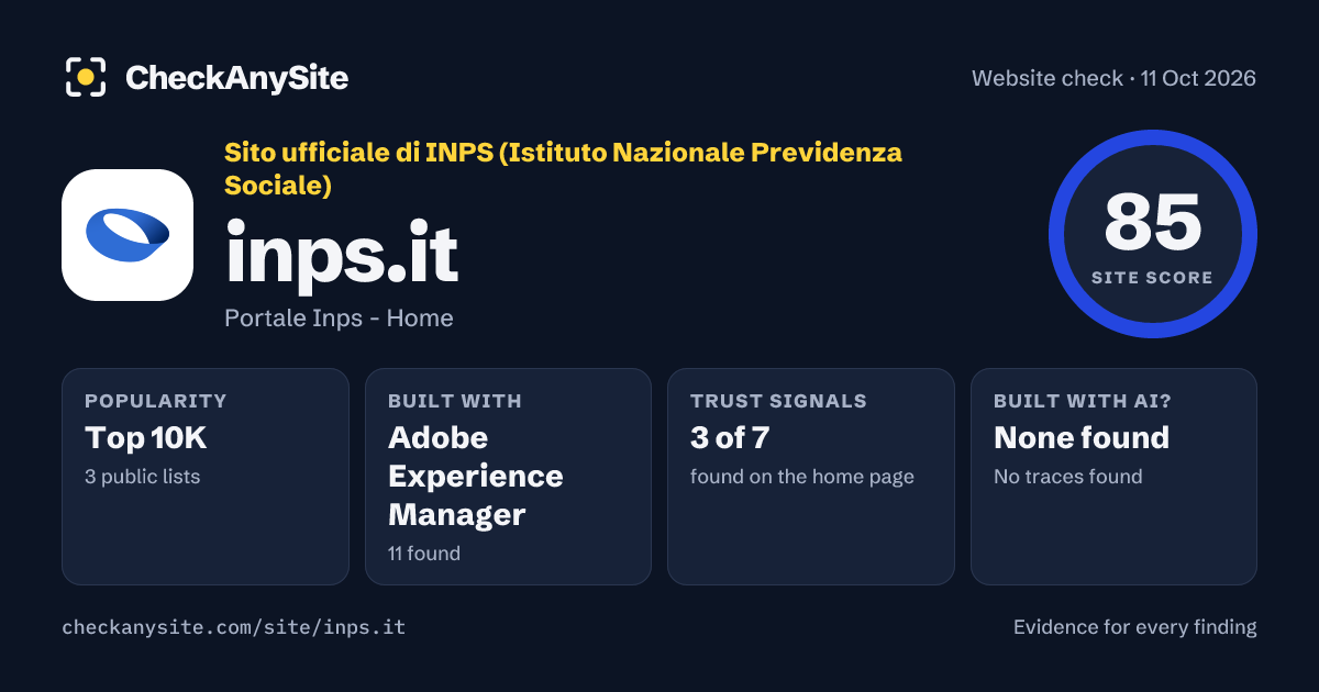 inps.it on CheckAnySite: AI traces none found, popularity Top 10K, site score 85 of 100.