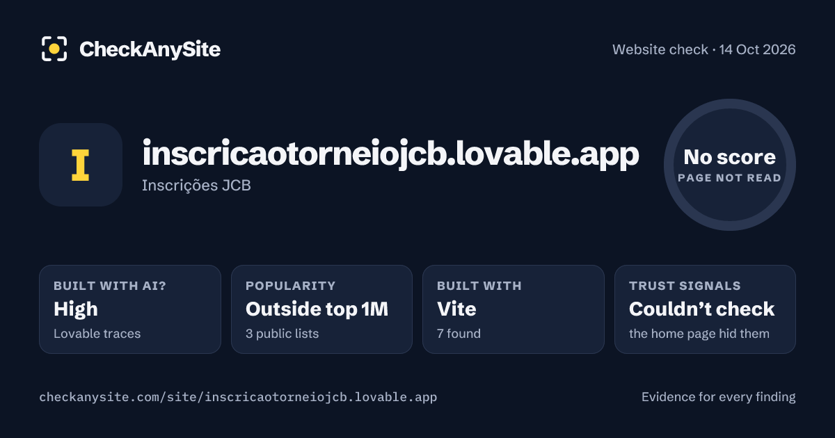 inscricaotorneiojcb.lovable.app on CheckAnySite: AI traces high, popularity Outside top 1M, no score.