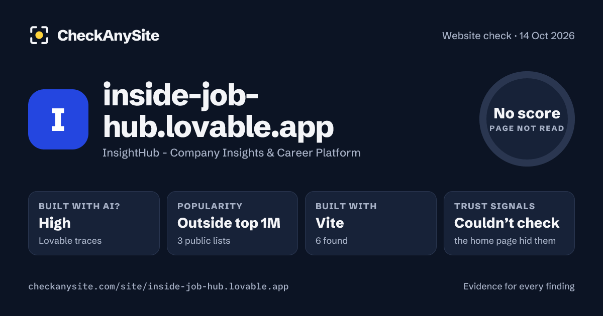 inside-job-hub.lovable.app on CheckAnySite: AI traces high, popularity Outside top 1M, no score.