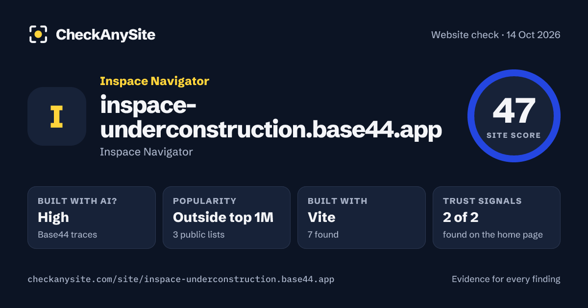 inspace-underconstruction.base44.app on CheckAnySite: AI traces high, popularity Outside top 1M, site score 47 of 100.