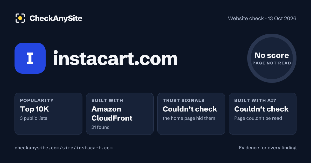 instacart.com on CheckAnySite: AI traces couldn’t check, popularity Top 10K, no score.