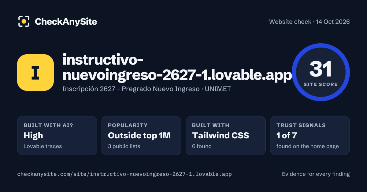 instructivo-nuevoingreso-2627-1.lovable.app on CheckAnySite: AI traces high, popularity Outside top 1M, site score 31 of 100.