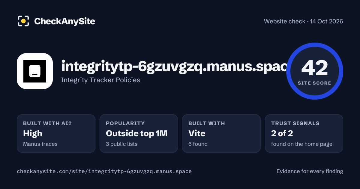 integritytp-6gzuvgzq.manus.space on CheckAnySite: AI traces high, popularity Outside top 1M, site score 42 of 100.