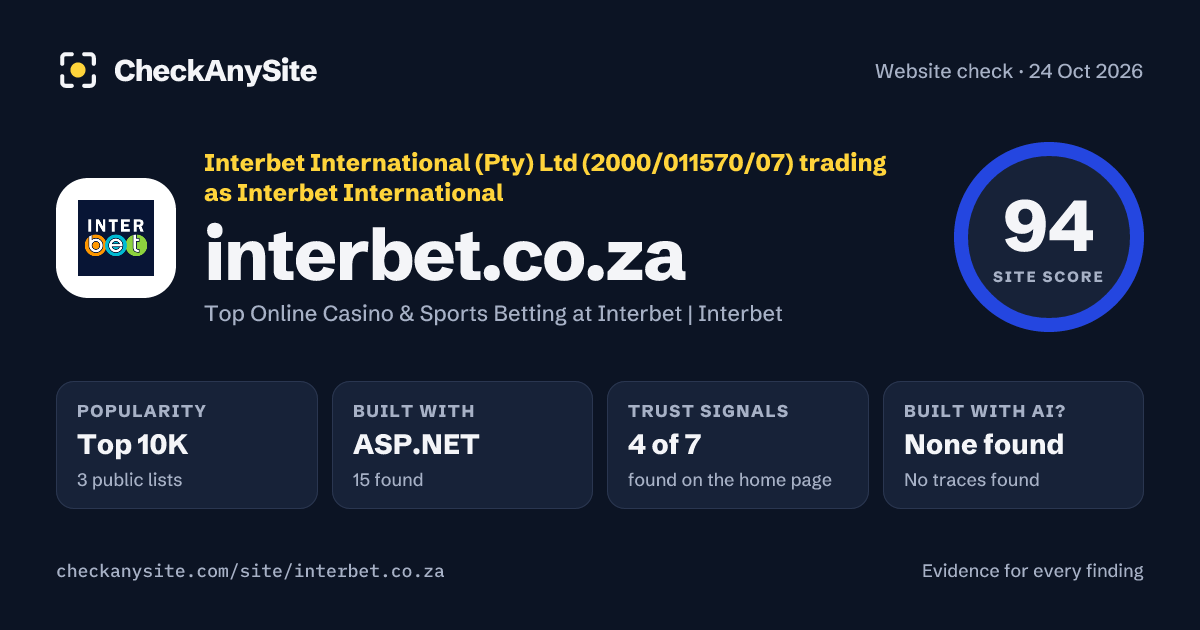 interbet.co.za on CheckAnySite: AI traces none found, popularity Top 10K, site score 94 of 100.
