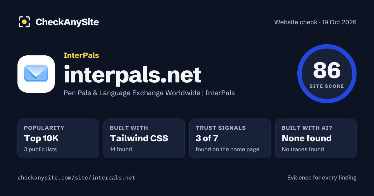 interpals.net on CheckAnySite: AI traces none found, popularity Top 10K, site score 86 of 100.