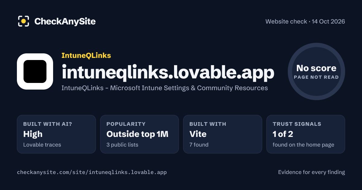 intuneqlinks.lovable.app on CheckAnySite: AI traces high, popularity Outside top 1M, no score.