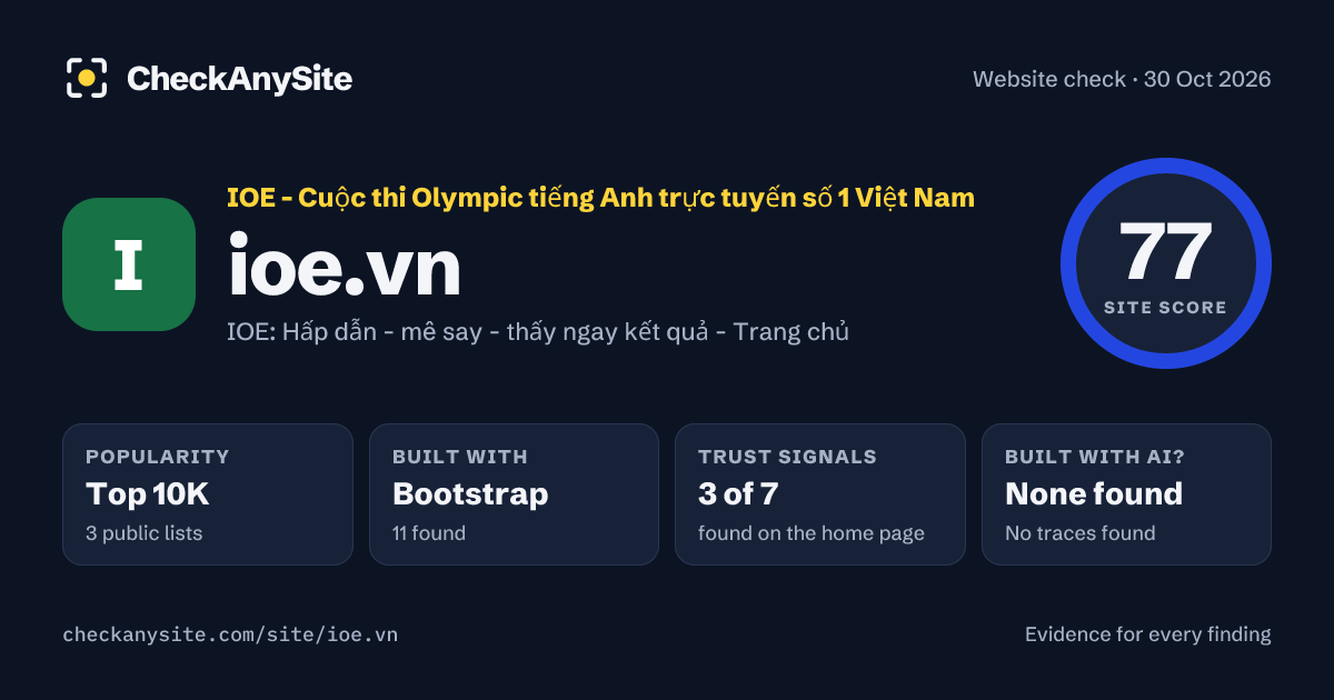 ioe.vn on CheckAnySite: AI traces none found, popularity Top 10K, site score 77 of 100.