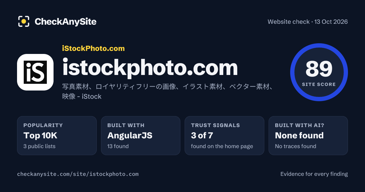 istockphoto.com on CheckAnySite: AI traces none found, popularity Top 10K, site score 89 of 100.