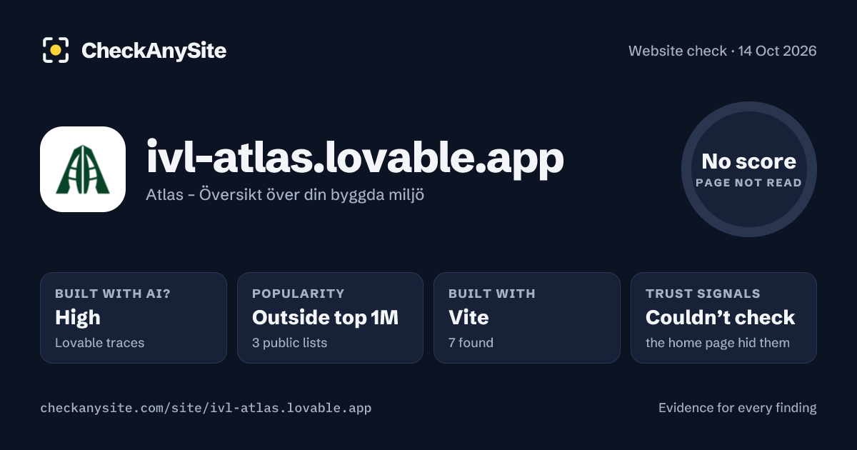 ivl-atlas.lovable.app on CheckAnySite: AI traces high, popularity Outside top 1M, no score.