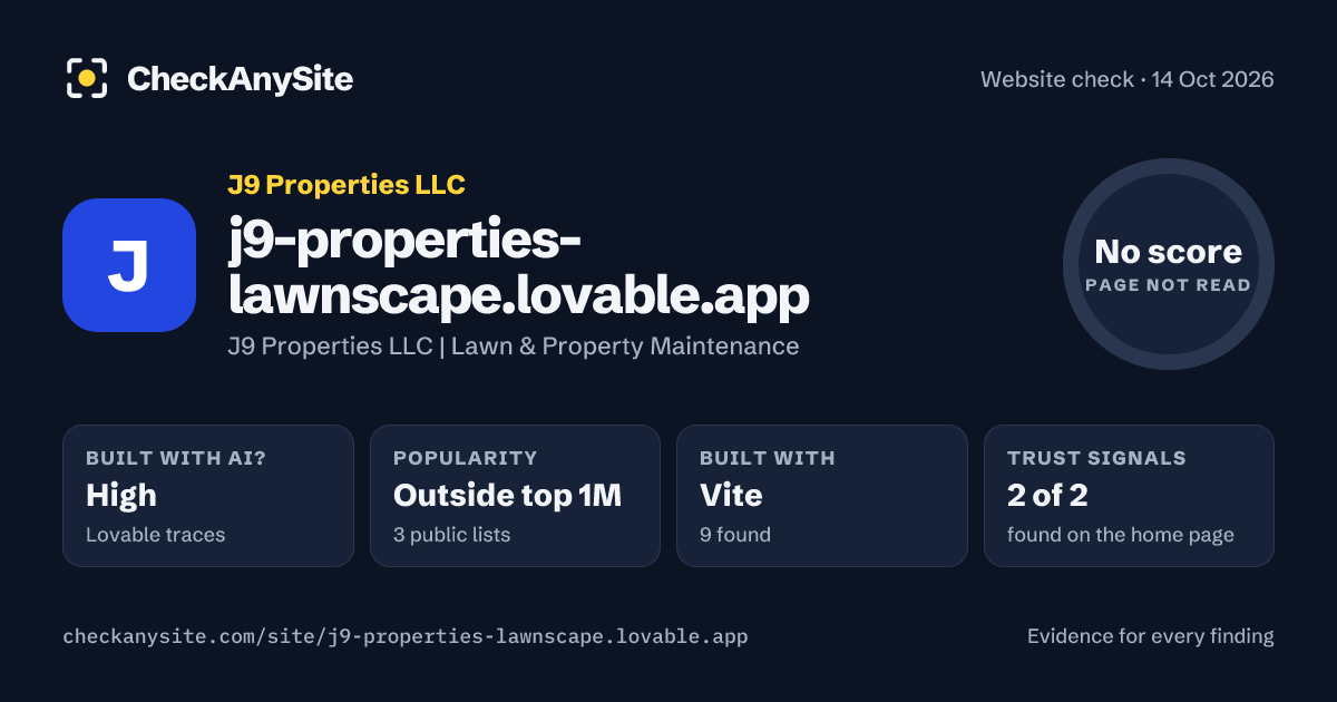 j9-properties-lawnscape.lovable.app on CheckAnySite: AI traces high, popularity Outside top 1M, no score.