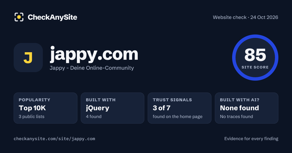 jappy.com on CheckAnySite: AI traces none found, popularity Top 10K, site score 85 of 100.