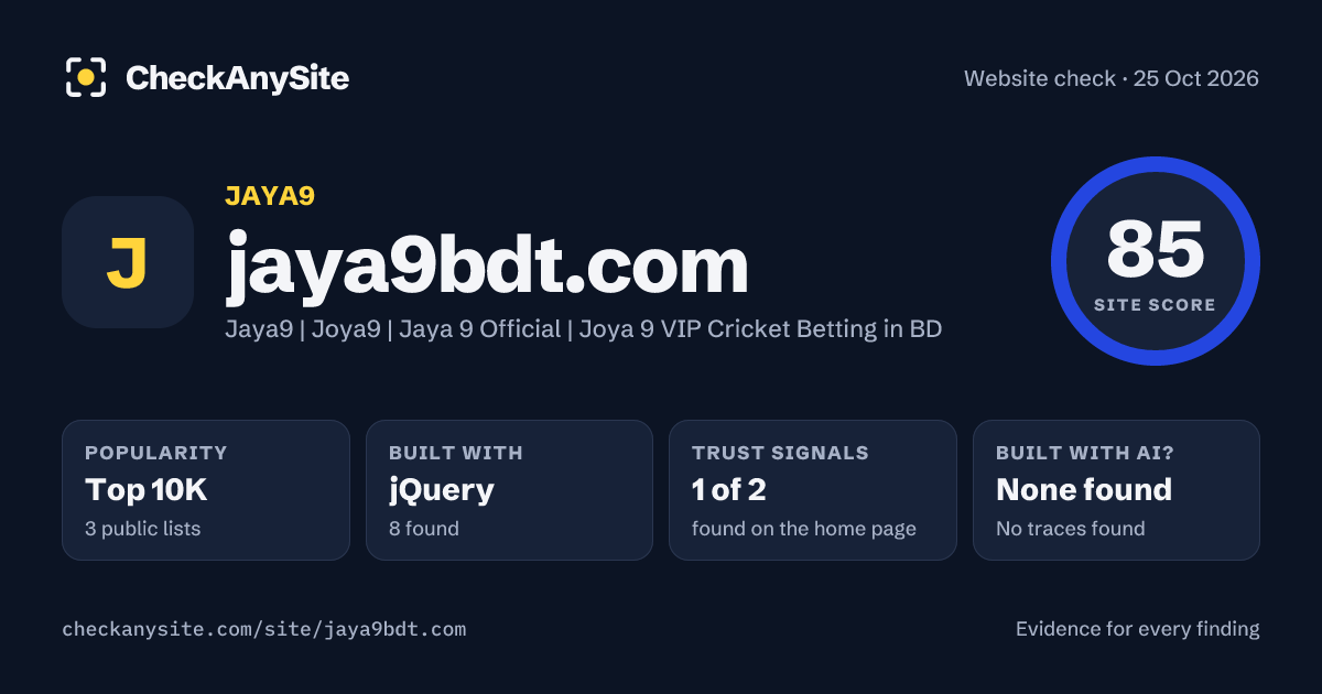 jaya9bdt.com on CheckAnySite: AI traces none found, popularity Top 10K, site score 85 of 100.