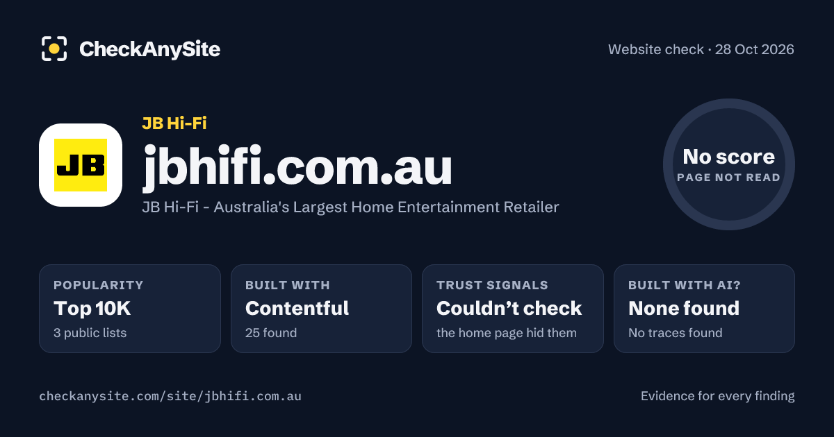 jbhifi.com.au on CheckAnySite: AI traces none found, popularity Top 10K, no score.