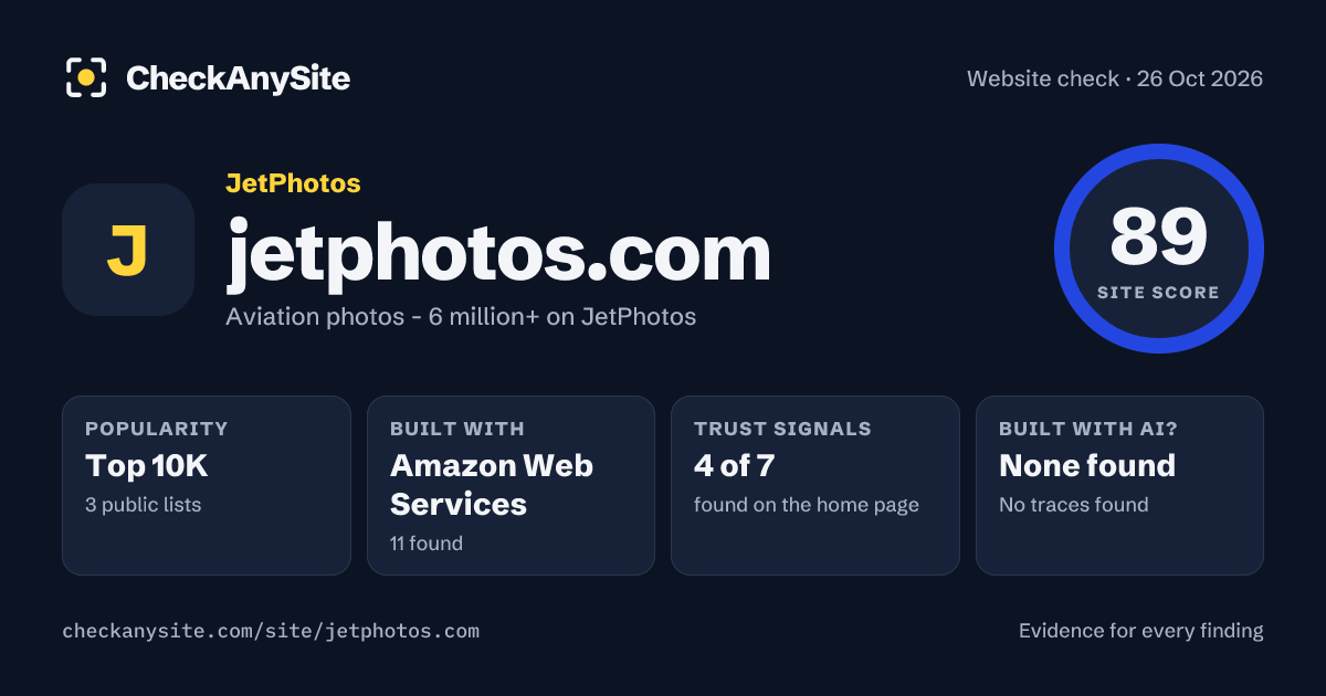 jetphotos.com on CheckAnySite: AI traces none found, popularity Top 10K, site score 89 of 100.