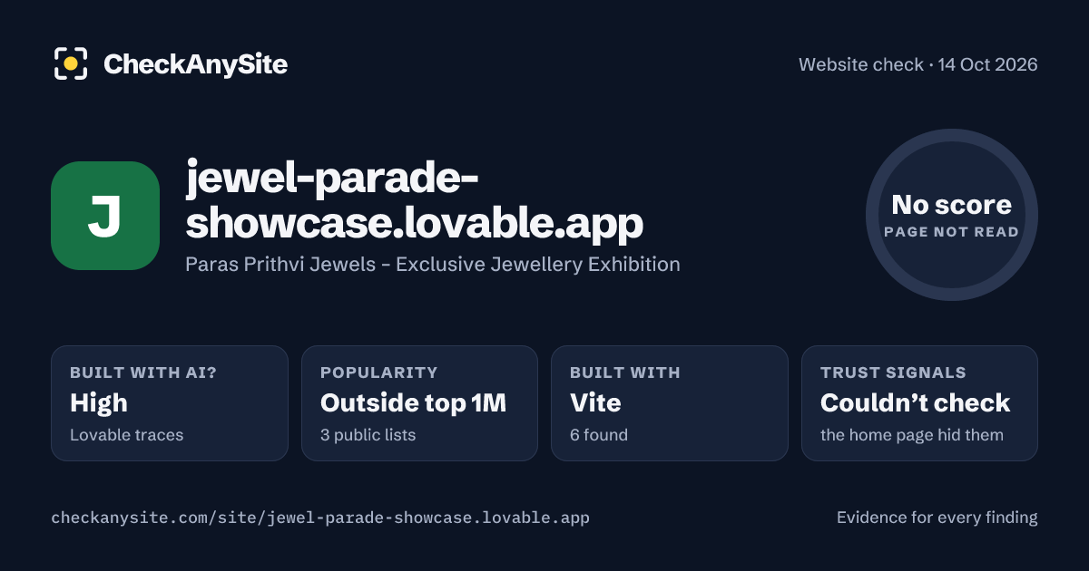 jewel-parade-showcase.lovable.app on CheckAnySite: AI traces high, popularity Outside top 1M, no score.
