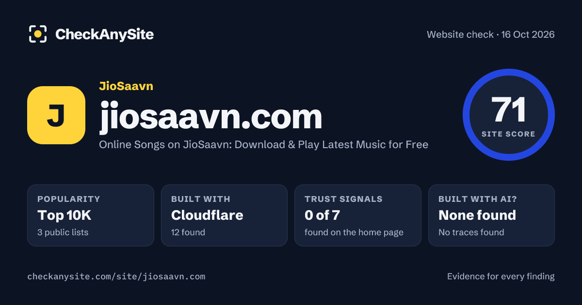 jiosaavn.com on CheckAnySite: AI traces none found, popularity Top 10K, site score 71 of 100.