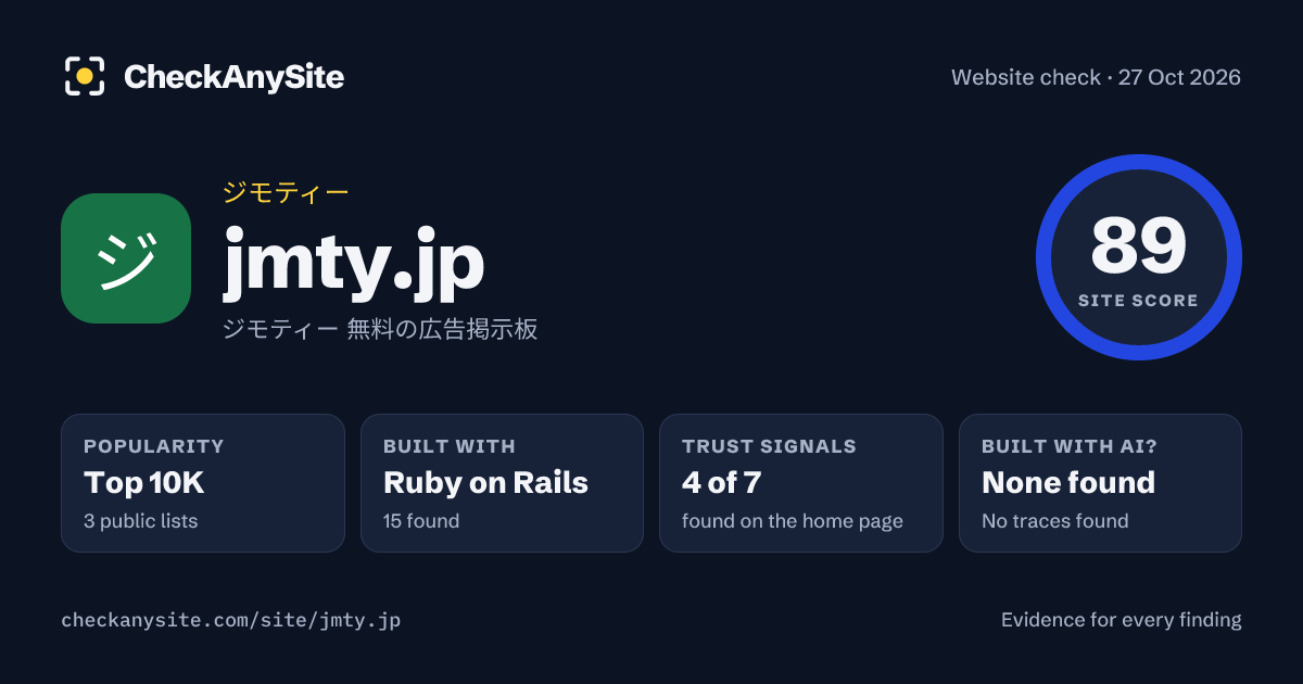 jmty.jp on CheckAnySite: AI traces none found, popularity Top 10K, site score 89 of 100.