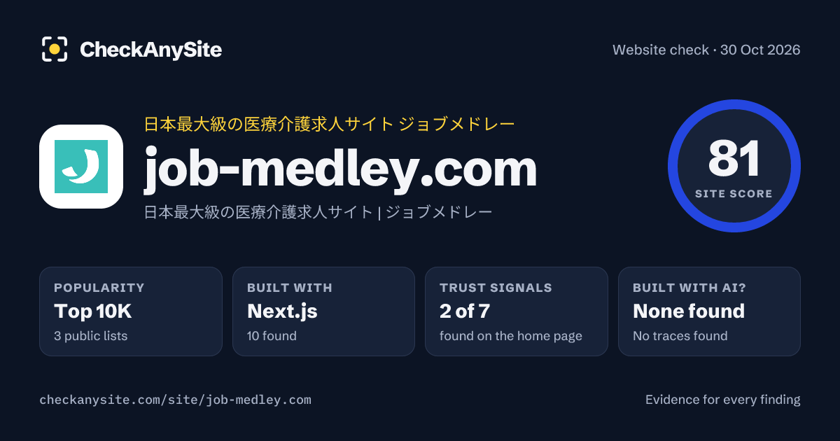 job-medley.com on CheckAnySite: AI traces none found, popularity Top 10K, site score 81 of 100.