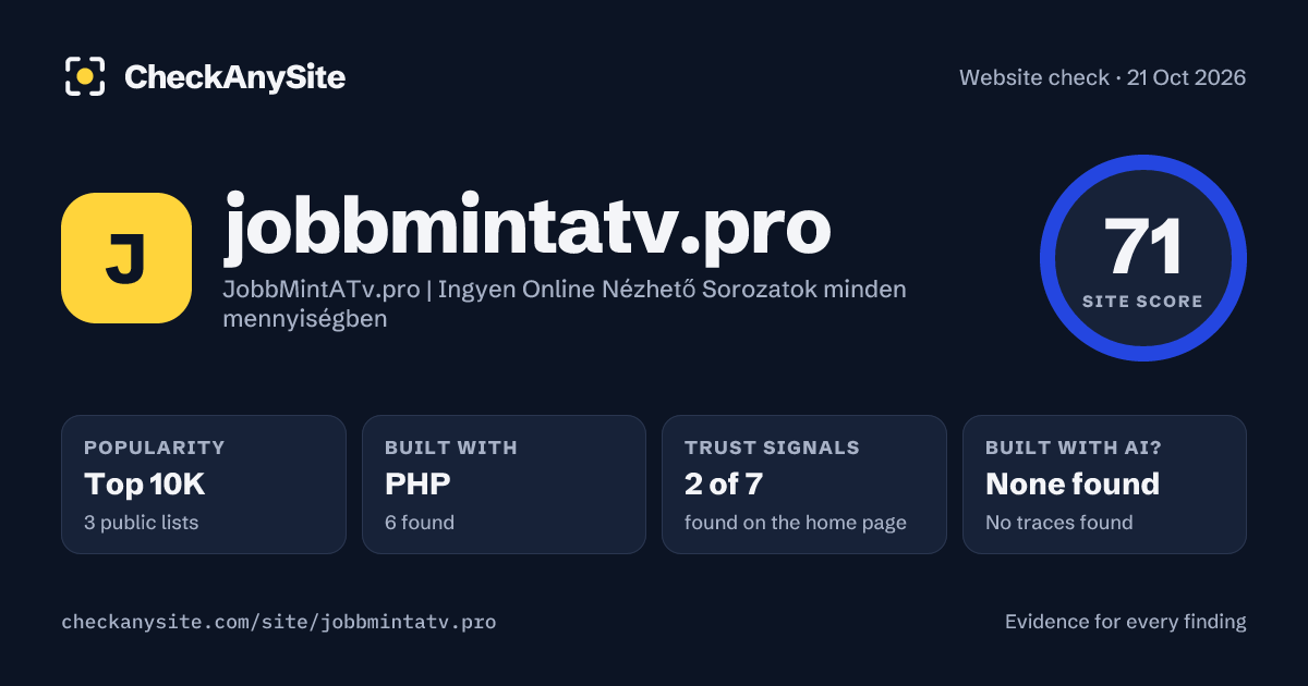 jobbmintatv.pro on CheckAnySite: AI traces none found, popularity Top 10K, site score 71 of 100.