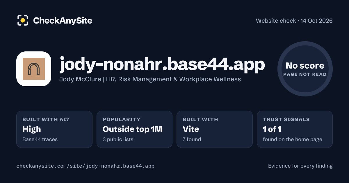 jody-nonahr.base44.app on CheckAnySite: AI traces high, popularity Outside top 1M, no score.