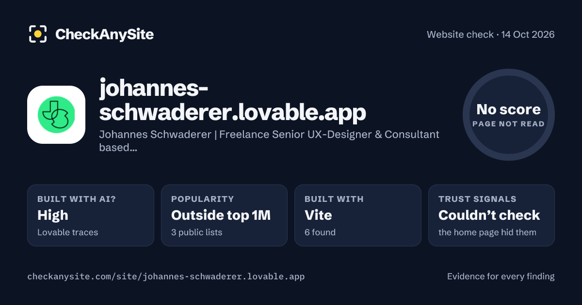 johannes-schwaderer.lovable.app on CheckAnySite: AI traces high, popularity Outside top 1M, no score.