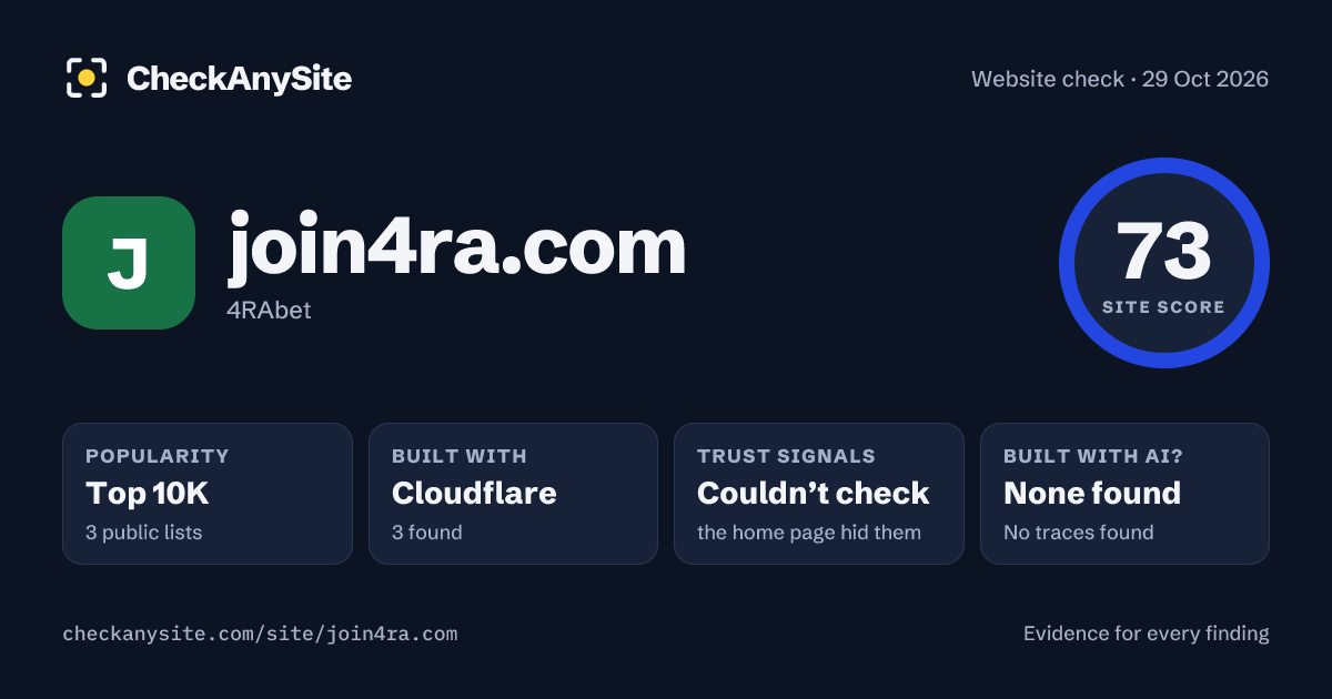 join4ra.com on CheckAnySite: AI traces none found, popularity Top 10K, site score 73 of 100.