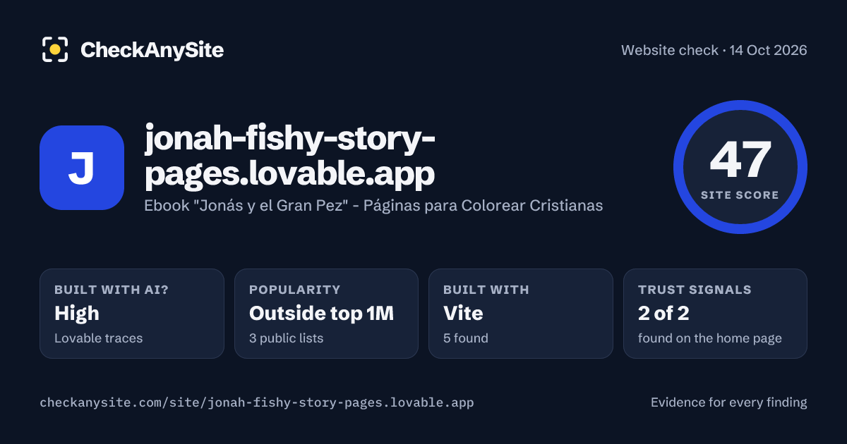 jonah-fishy-story-pages.lovable.app on CheckAnySite: AI traces high, popularity Outside top 1M, site score 47 of 100.