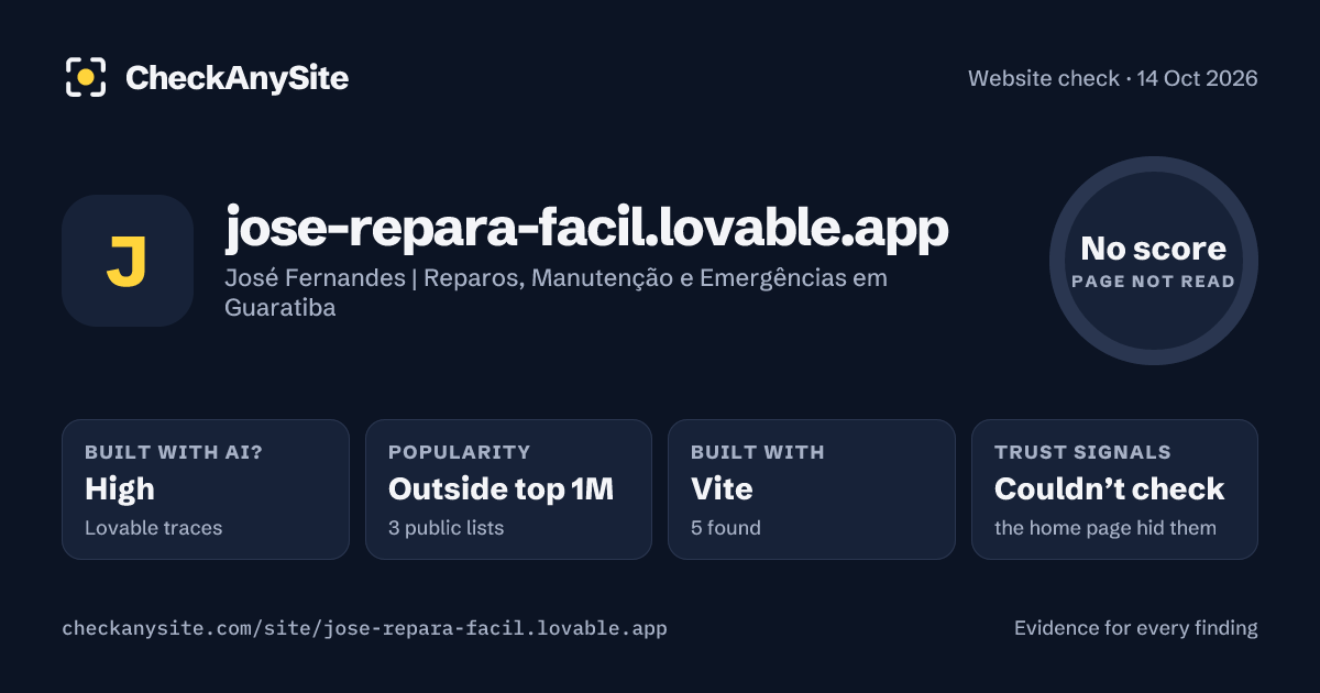 jose-repara-facil.lovable.app on CheckAnySite: AI traces high, popularity Outside top 1M, no score.