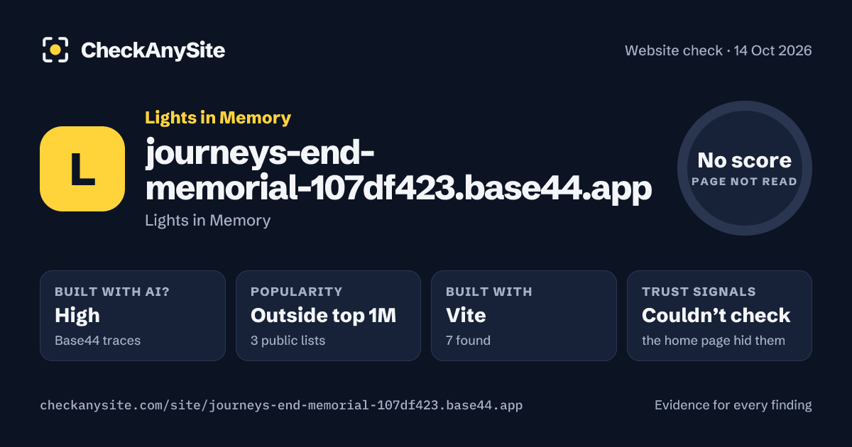 journeys-end-memorial-107df423.base44.app on CheckAnySite: AI traces high, popularity Outside top 1M, no score.