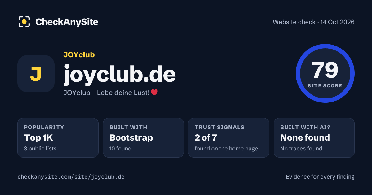 joyclub.de on CheckAnySite: AI traces none found, popularity Top 1K, site score 79 of 100.