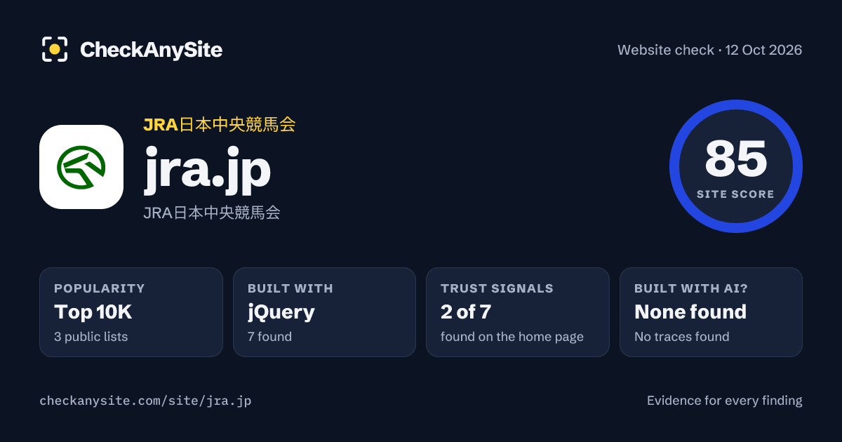 jra.jp on CheckAnySite: AI traces none found, popularity Top 10K, site score 85 of 100.