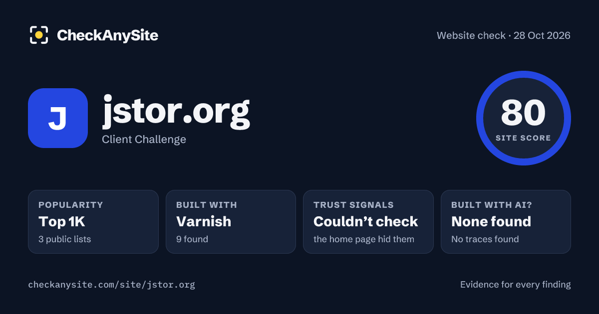 jstor.org on CheckAnySite: AI traces none found, popularity Top 1K, site score 80 of 100.