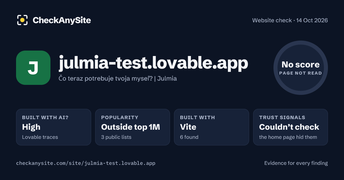 julmia-test.lovable.app on CheckAnySite: AI traces high, popularity Outside top 1M, no score.