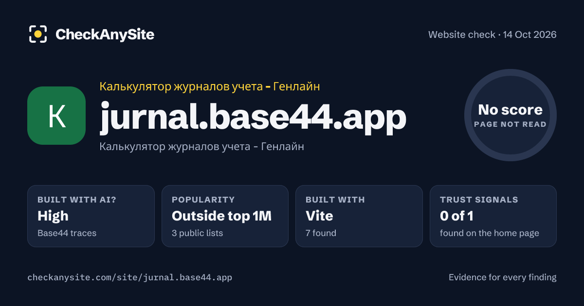 jurnal.base44.app on CheckAnySite: AI traces high, popularity Outside top 1M, no score.