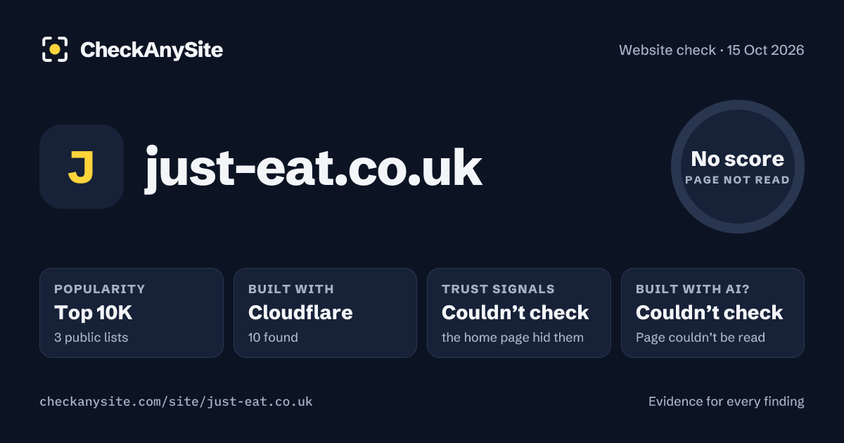 just-eat.co.uk on CheckAnySite: AI traces couldn’t check, popularity Top 10K, no score.