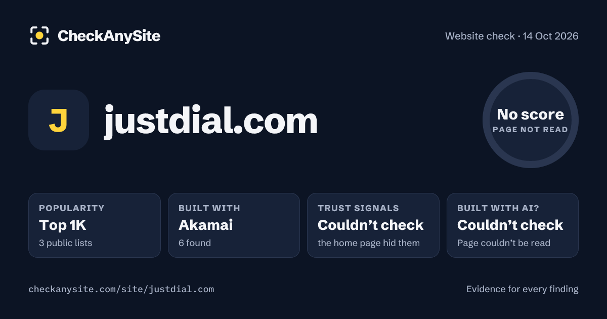 justdial.com on CheckAnySite: AI traces couldn’t check, popularity Top 1K, no score.