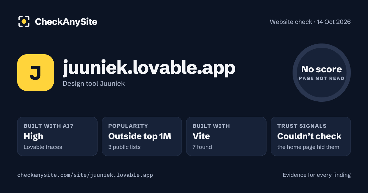 juuniek.lovable.app on CheckAnySite: AI traces high, popularity Outside top 1M, no score.