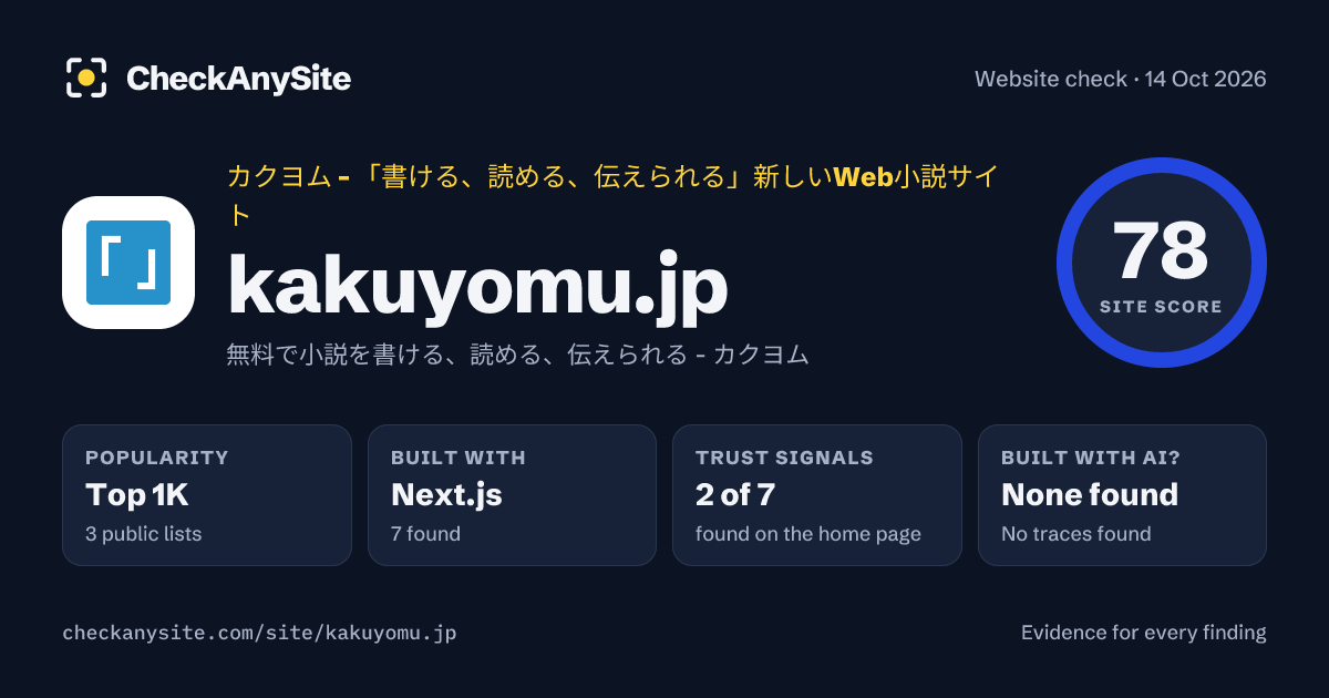kakuyomu.jp on CheckAnySite: AI traces none found, popularity Top 1K, site score 78 of 100.