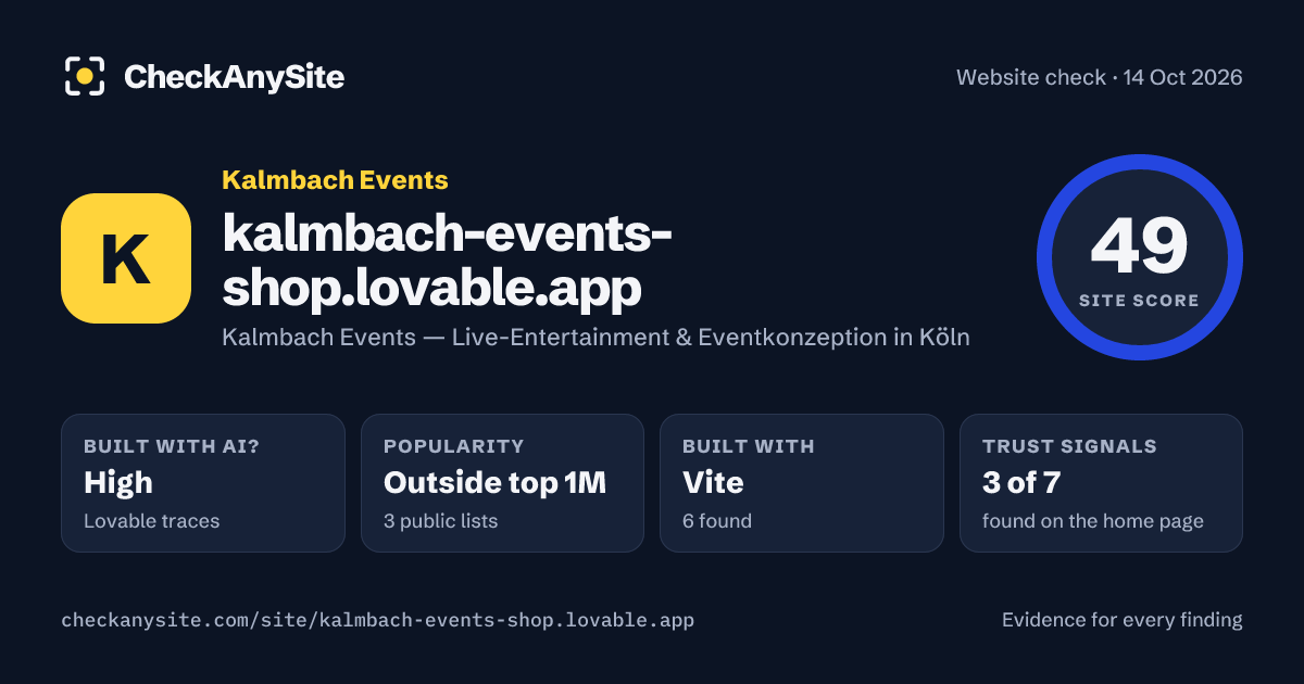 kalmbach-events-shop.lovable.app on CheckAnySite: AI traces high, popularity Outside top 1M, site score 49 of 100.