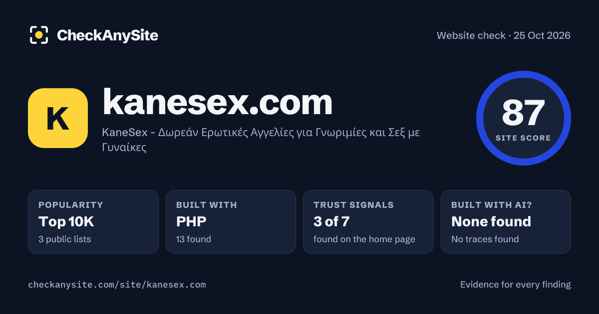 kanesex.com on CheckAnySite: AI traces none found, popularity Top 10K, site score 87 of 100.