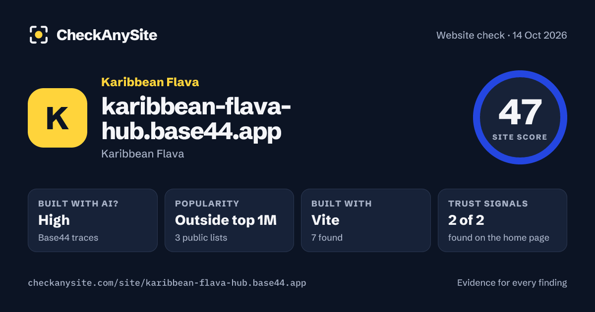 karibbean-flava-hub.base44.app on CheckAnySite: AI traces high, popularity Outside top 1M, site score 47 of 100.