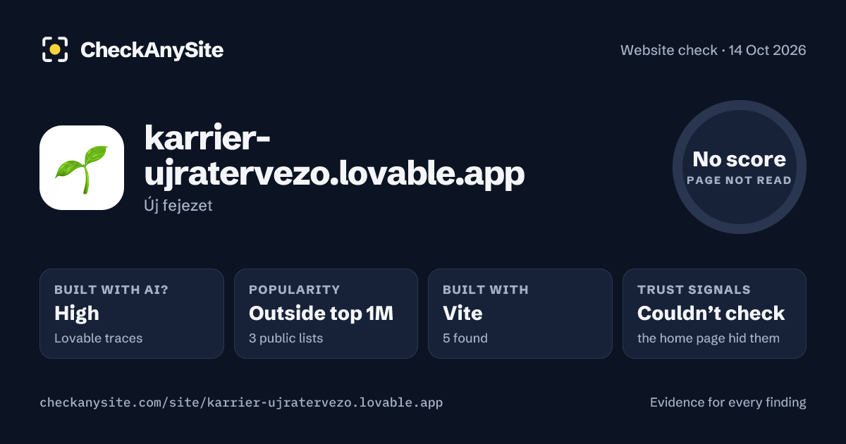 karrier-ujratervezo.lovable.app on CheckAnySite: AI traces high, popularity Outside top 1M, no score.