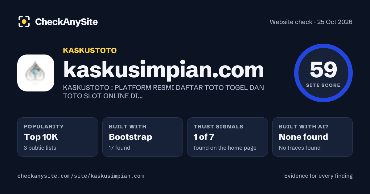 kaskusimpian.com on CheckAnySite: AI traces none found, popularity Top 10K, site score 59 of 100.