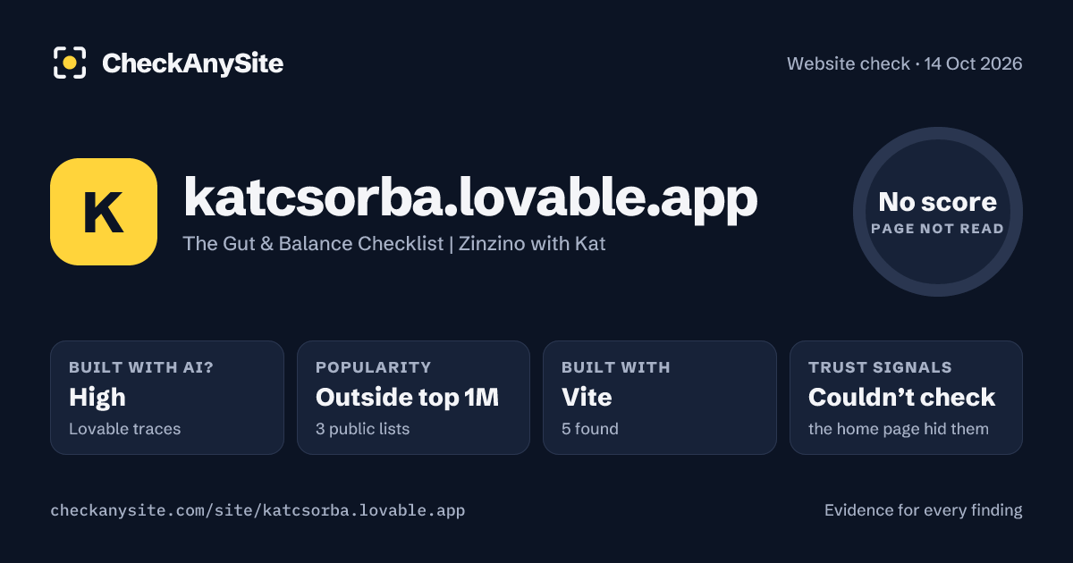 katcsorba.lovable.app on CheckAnySite: AI traces high, popularity Outside top 1M, no score.