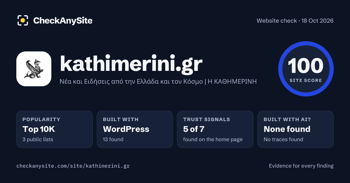 kathimerini.gr on CheckAnySite: AI traces none found, popularity Top 10K, site score 100 of 100.