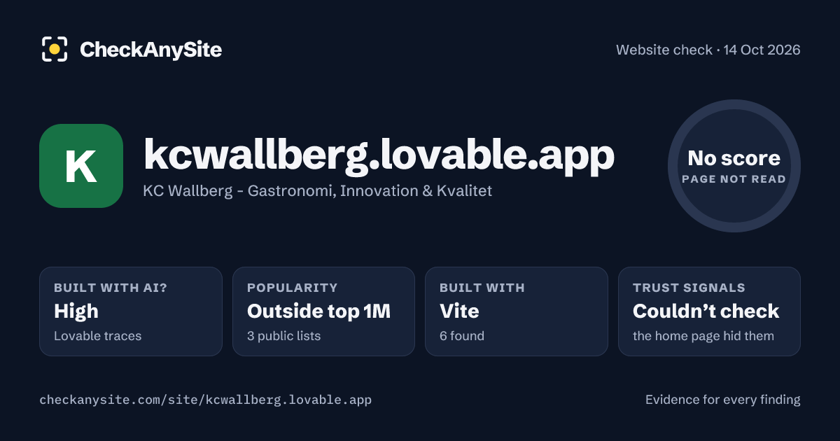 kcwallberg.lovable.app on CheckAnySite: AI traces high, popularity Outside top 1M, no score.