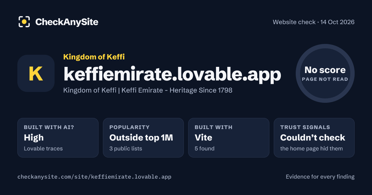 keffiemirate.lovable.app on CheckAnySite: AI traces high, popularity Outside top 1M, no score.