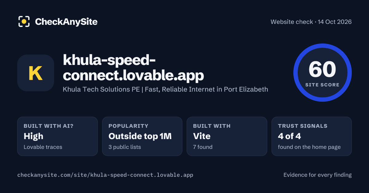 khula-speed-connect.lovable.app on CheckAnySite: AI traces high, popularity Outside top 1M, site score 60 of 100.